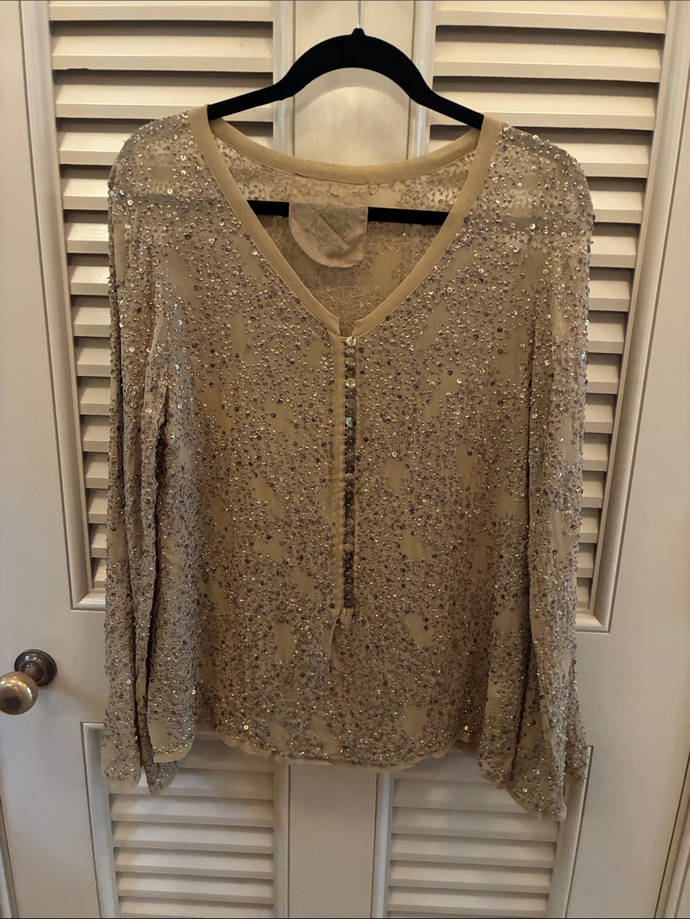 Charlie Joe French Embellished V-Neck Sequin Long-Sleeve Top